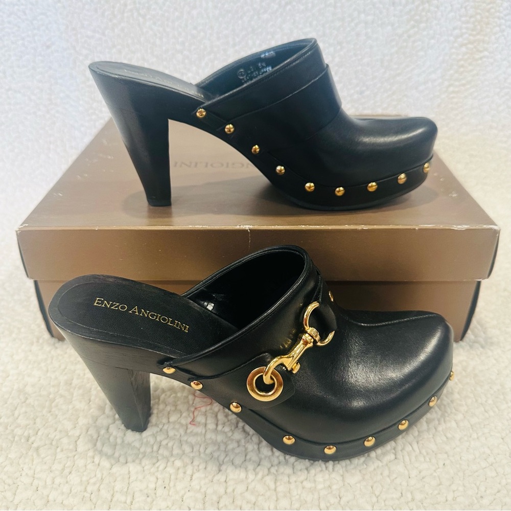 Enzo Angiolini Black Leather Platform Mule Clog